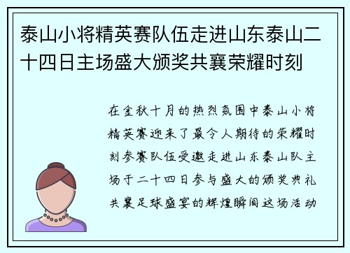 泰山小将精英赛队伍走进山东泰山二十四日主场盛大颁奖共襄荣耀时刻